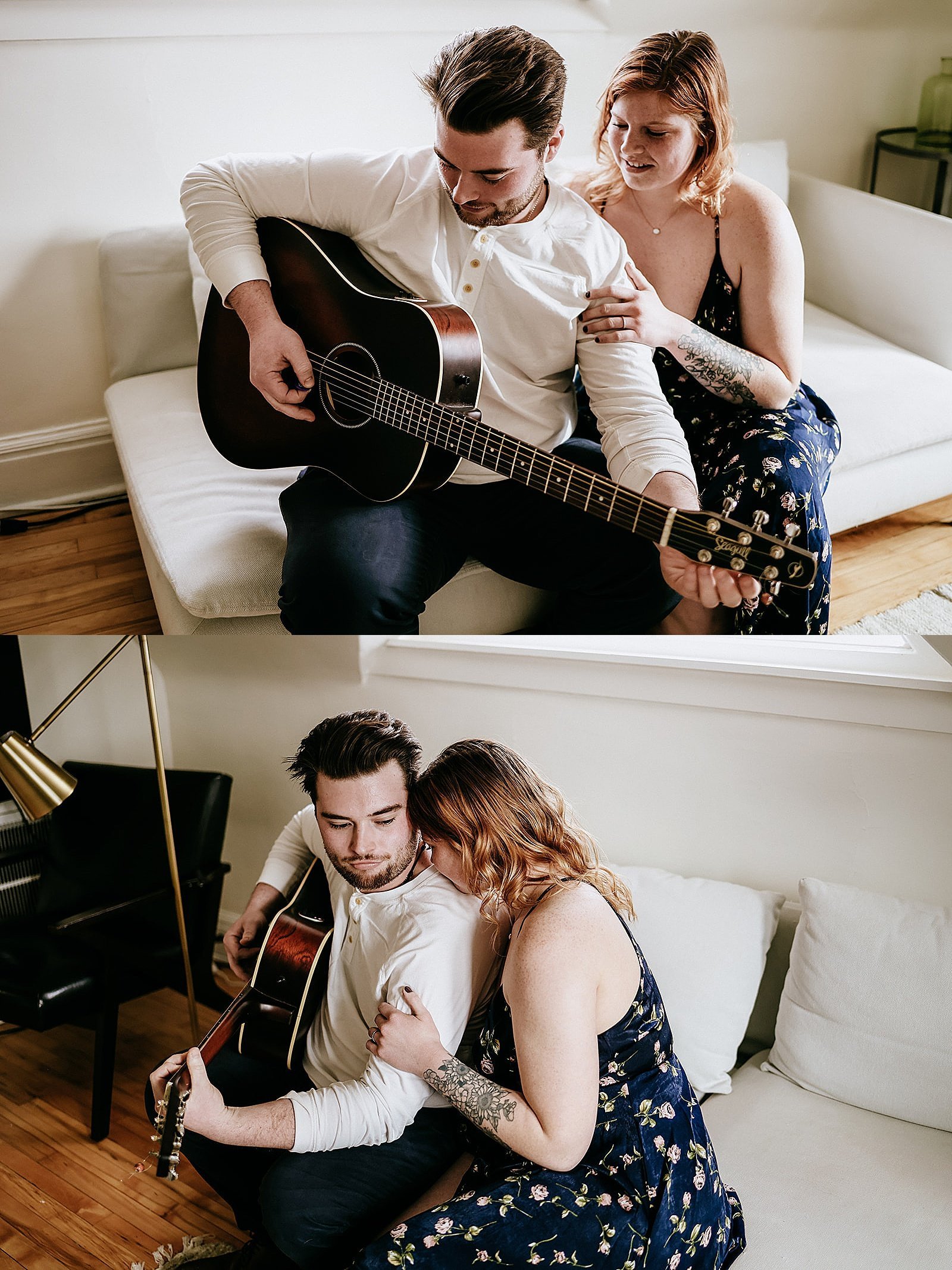  couple sitting on couch with guitar by Minnesota engagement photographer, McKenzie Berquam 