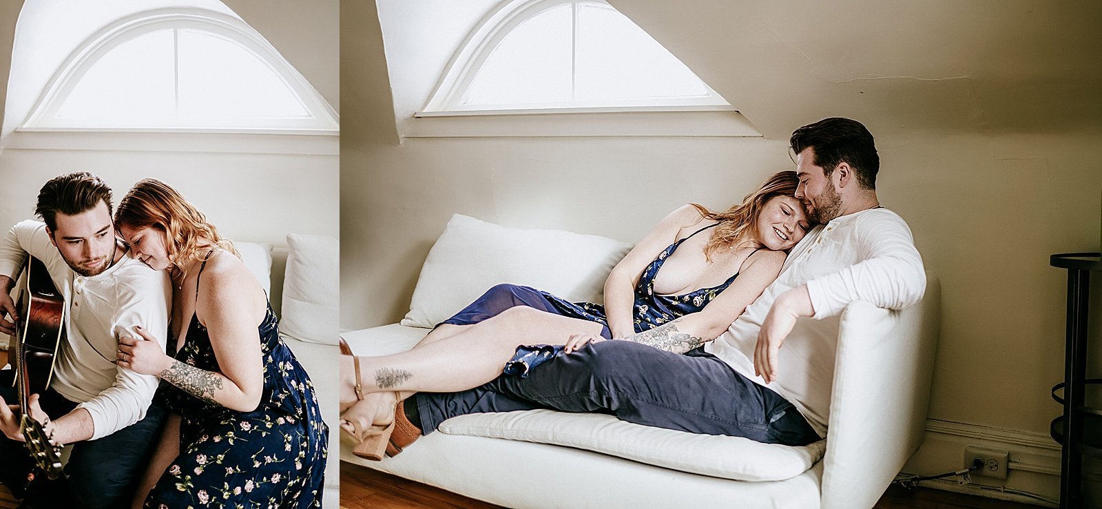  Couple snuggling on the couch for intimate photo shoot 