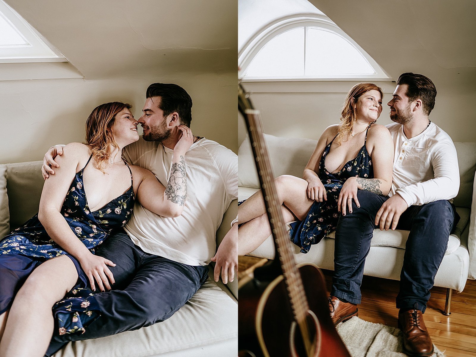  Man and woman snuggling on the couch for their  in-home couple session 