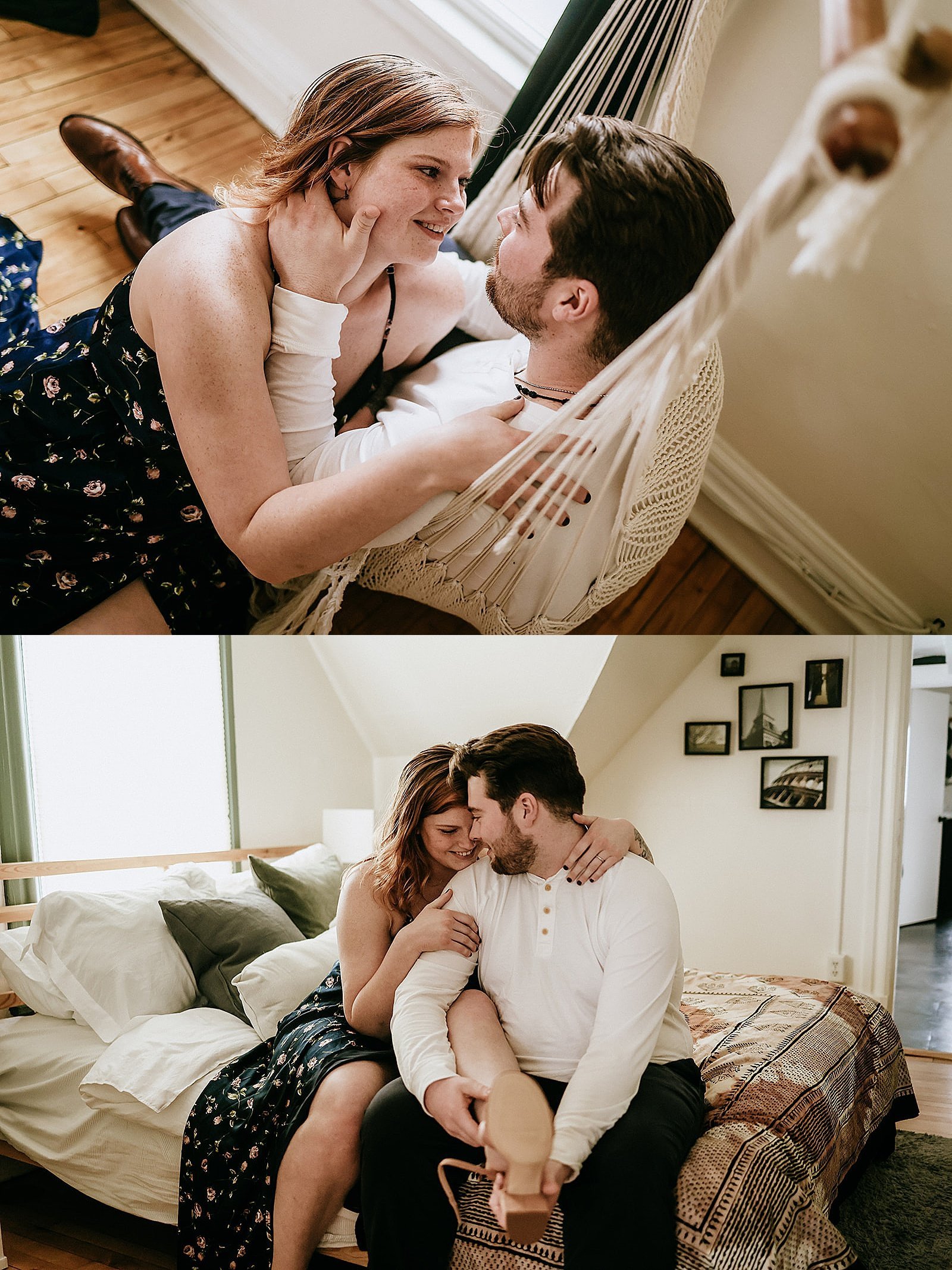  Man and woman about to kiss on the floor for  in-home couple session 