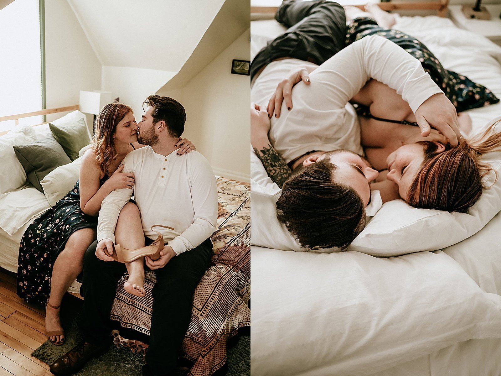  Couple wrapped up in bed lovingly for photo shoot in Minneapolis  