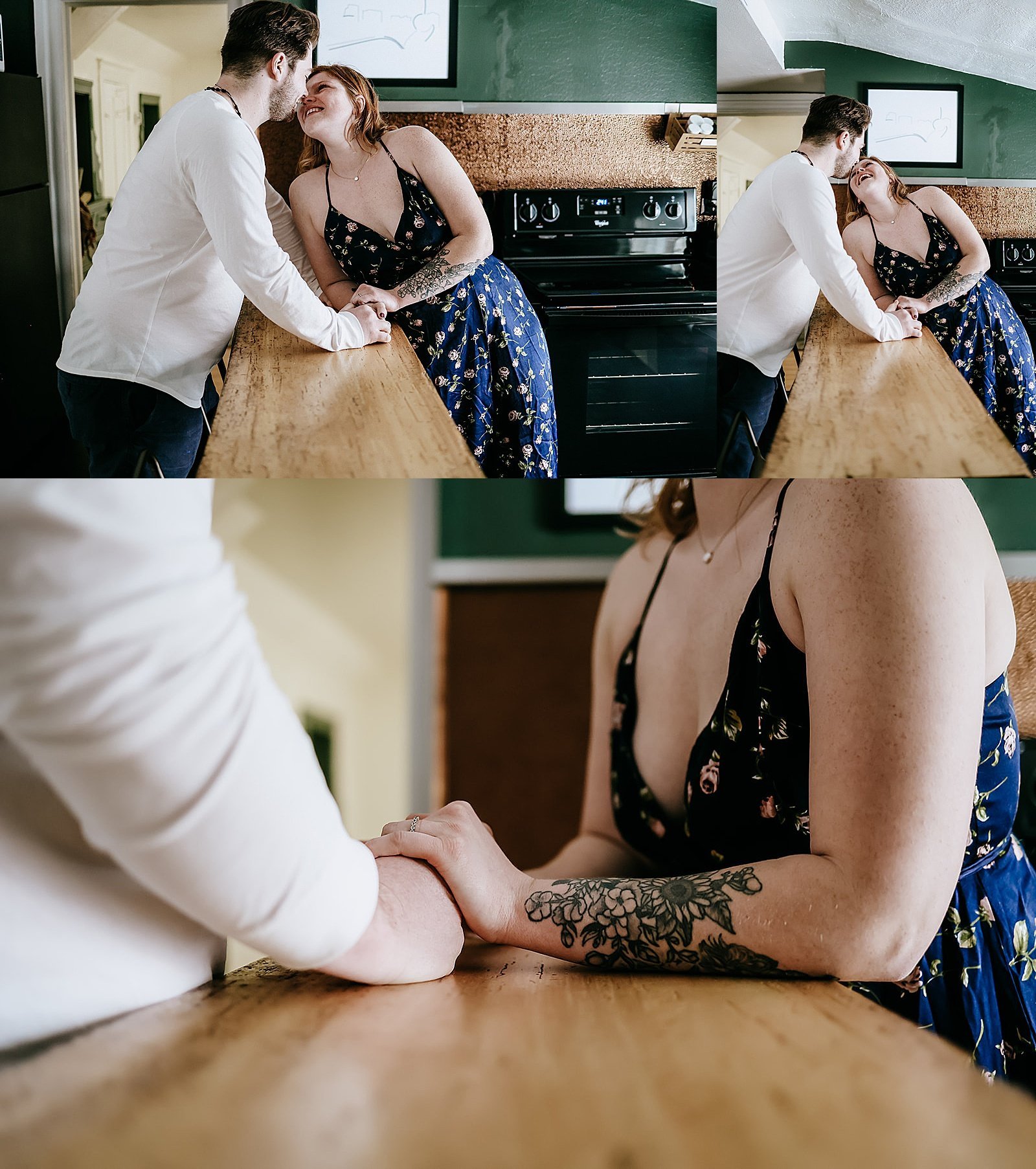  Woman and man kissing in the kitchen for in-home couple session 