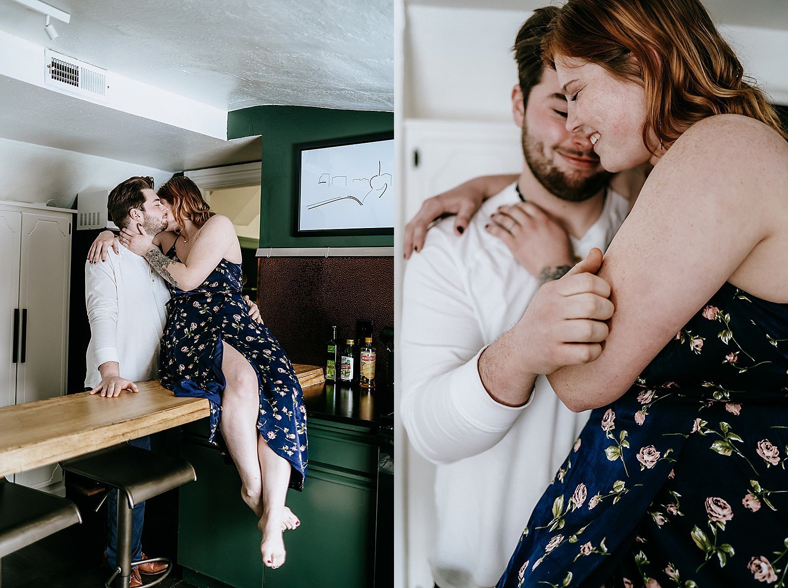  Woman sitting on kitchen counter, kissing her husband for couples photo shoot 