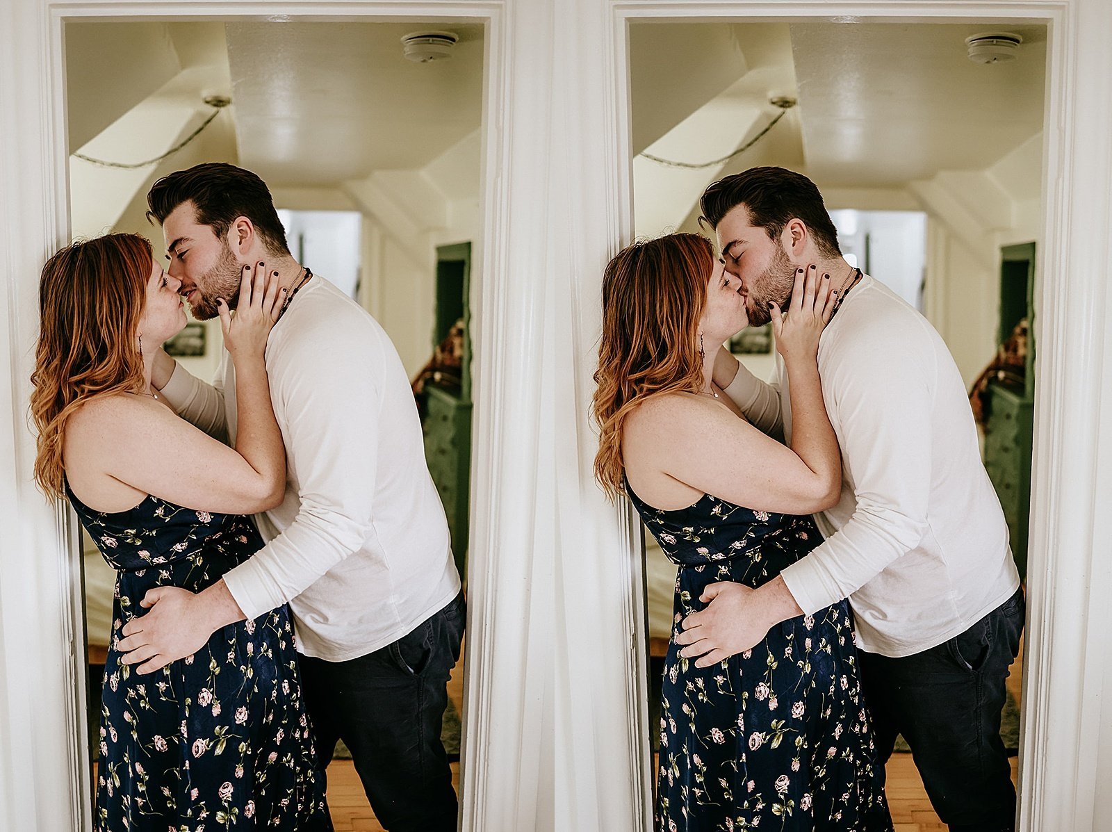  Man kissing woman against a door frame by Minneapolis photographer McKenzie Berquam  