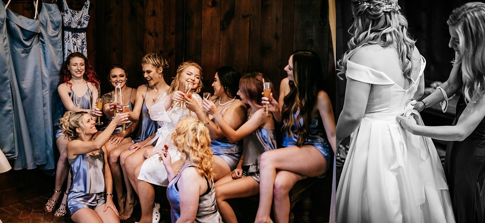  A bride and her bridesmaids celebrating before the ceremony by Minneapolis wedding photographer, McKenzie Berquam.  