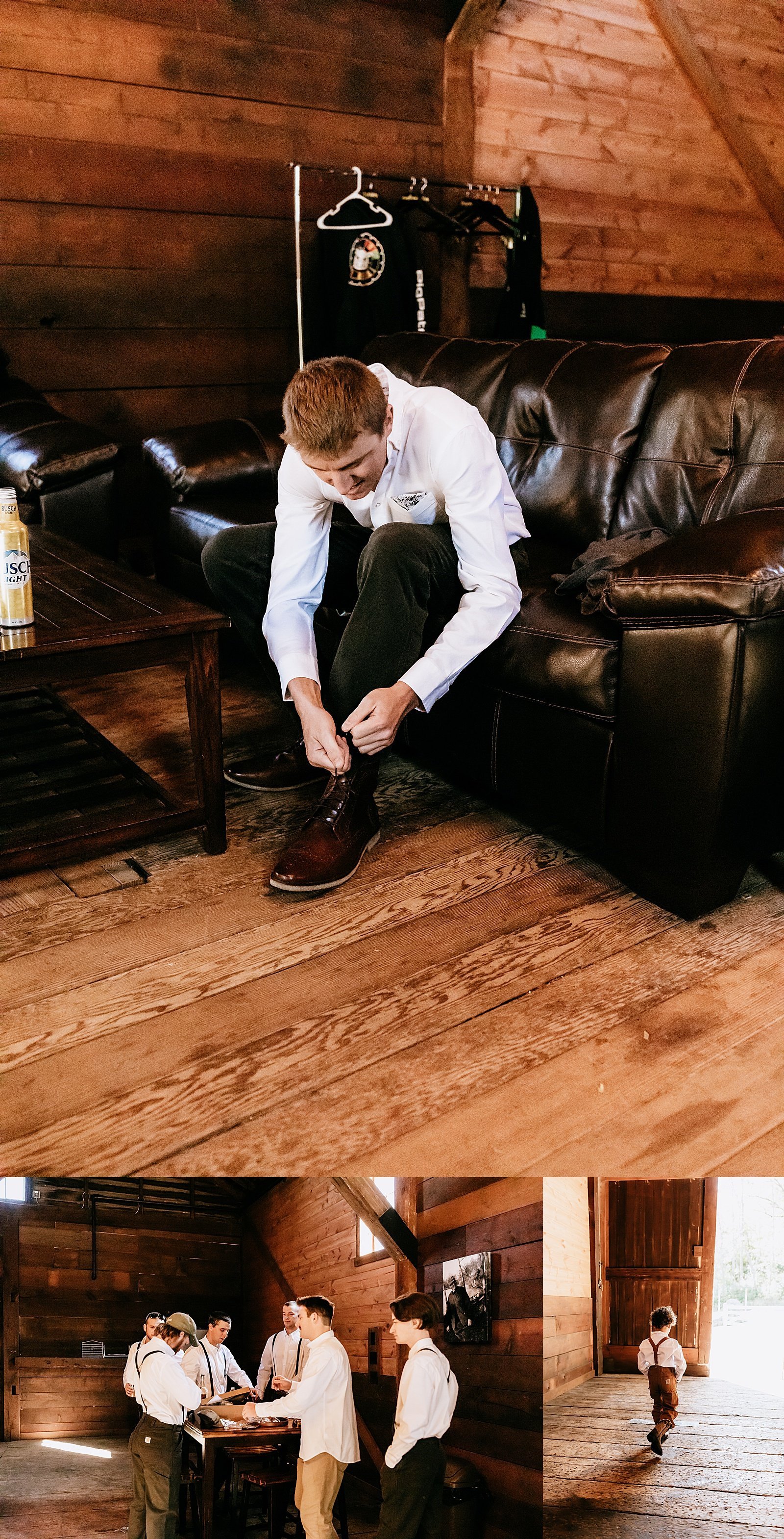  Groom tying his shoes in a getting ready room before his Minneapolis wedding 