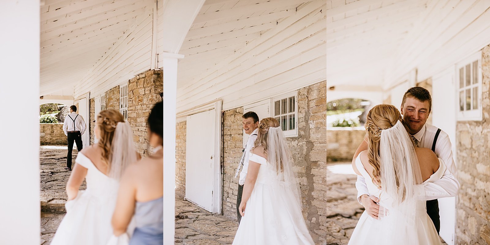  Bride approaching her groom for a first look before their ceremony 