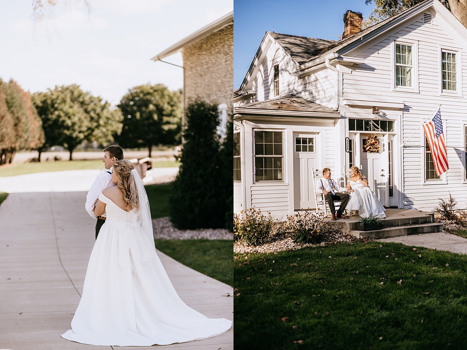  Wedding couple sitting on the front porch of their venue before their ceremony  