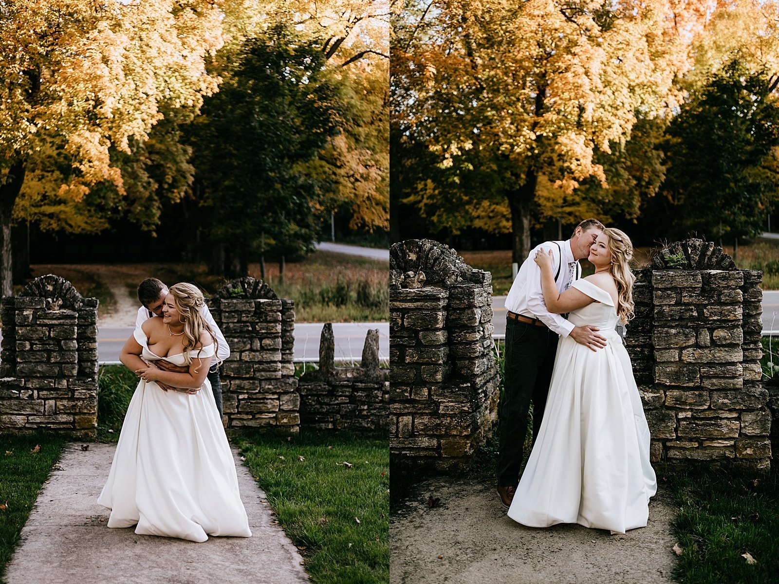  Bride and groom embracing under Fall foliage at Mayowood Stone Barn in Minnesota 