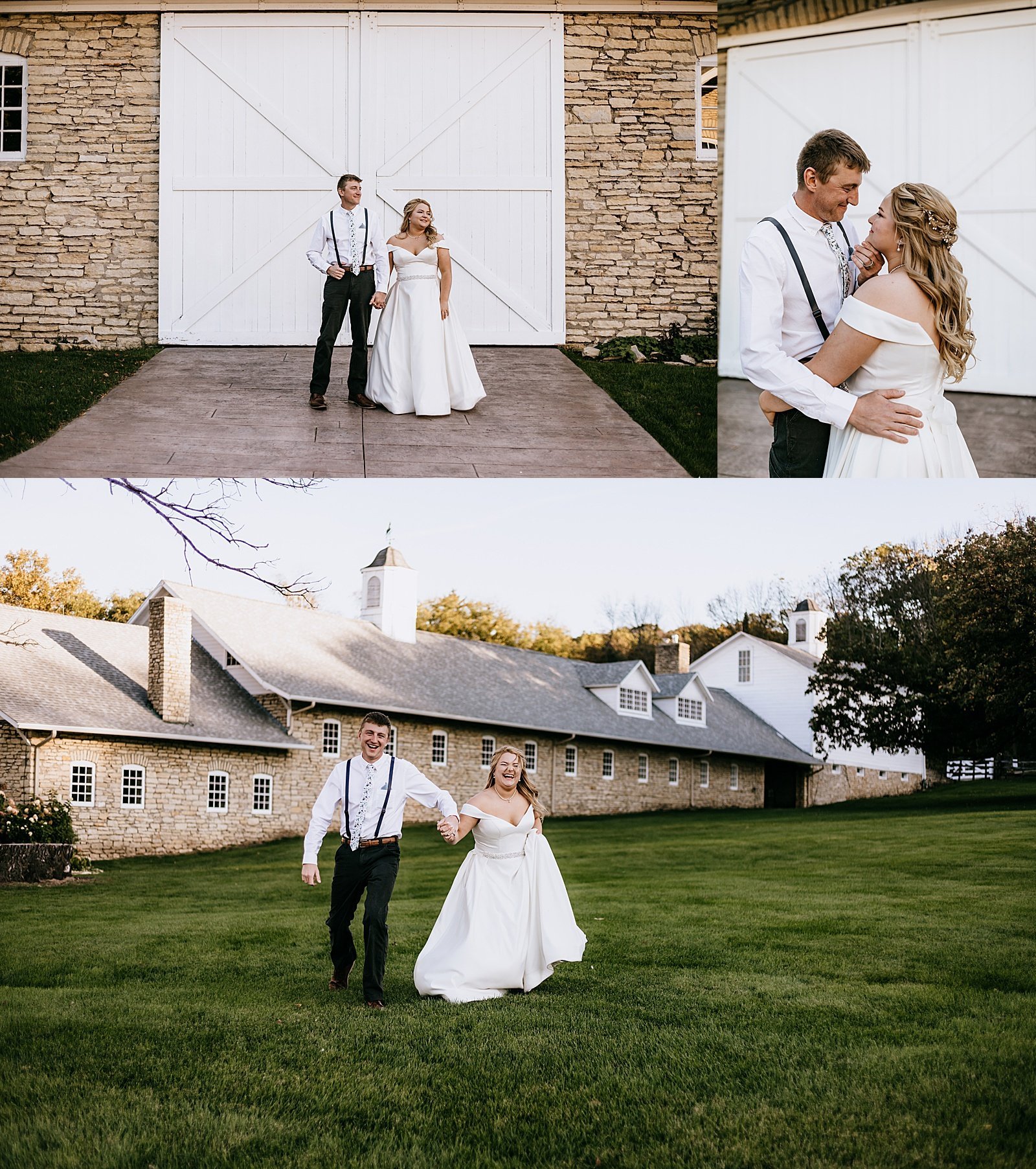  Bride and groom dancing in front of their wedding venue after their first look  
