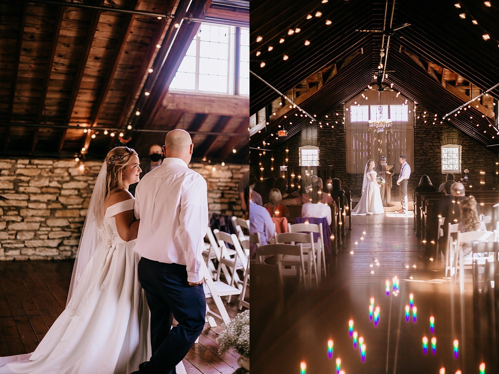  Bride approaching the alter under twinkle lights in a barn venue 