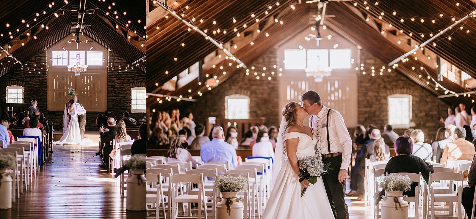  Newlyweds kissing at the end of the aisle in a barn with twinkle lights for a rustic wedding 