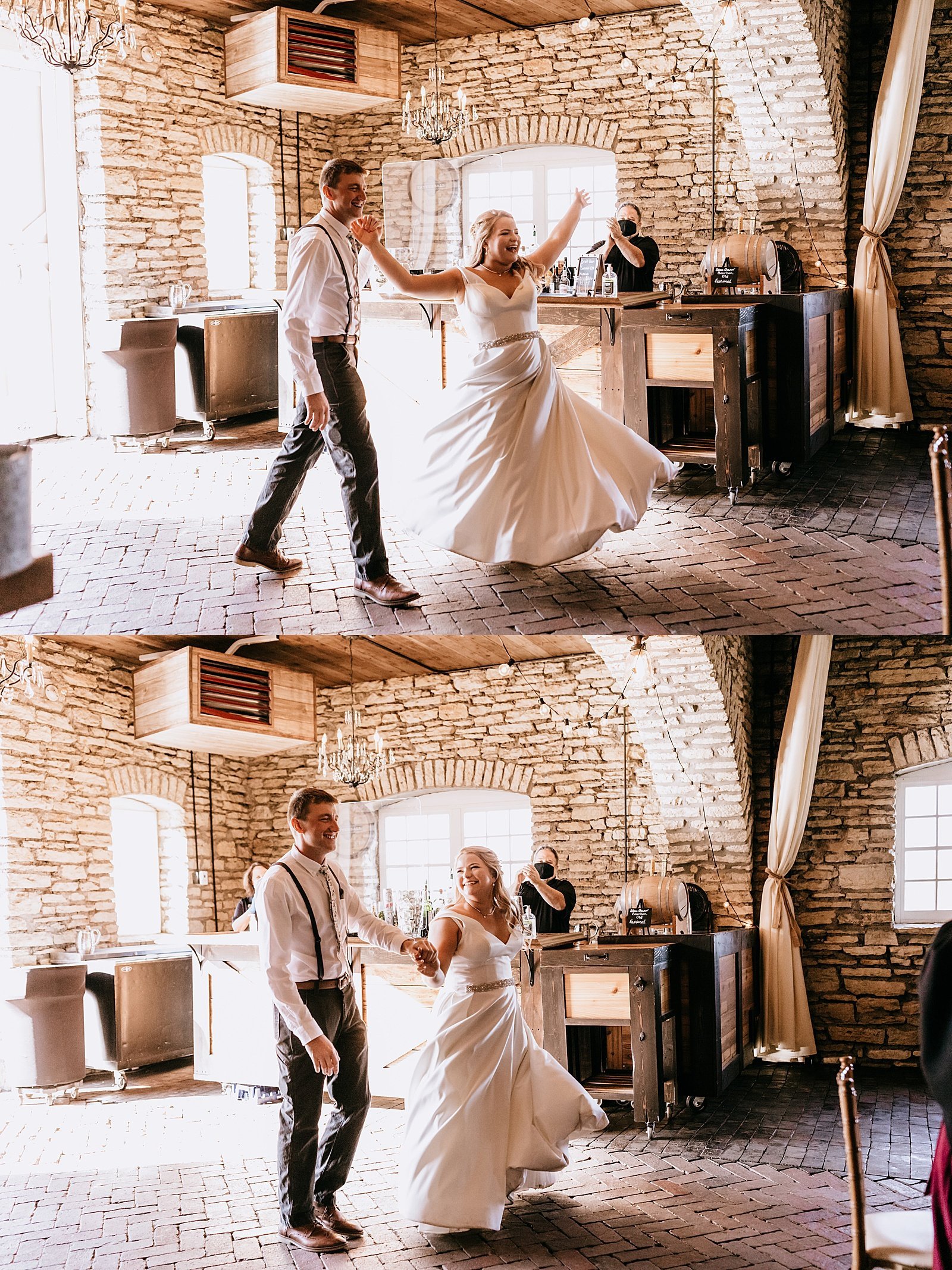  Bride and groom dancing into their barn reception at Mayowood Stone Barn 