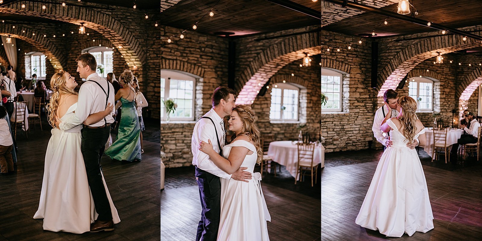  Newlyweds share their first dance at their rustic barn reception in Minneapolis 