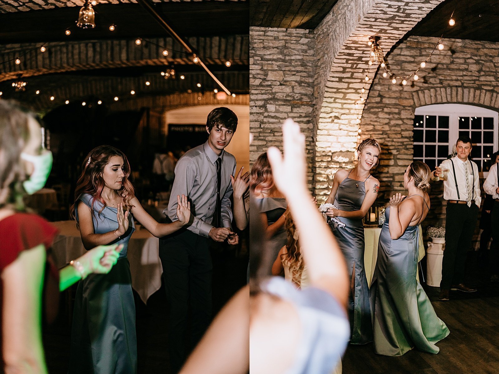  Bride and groom dancing with their guests at barn reception in Minnesota.  