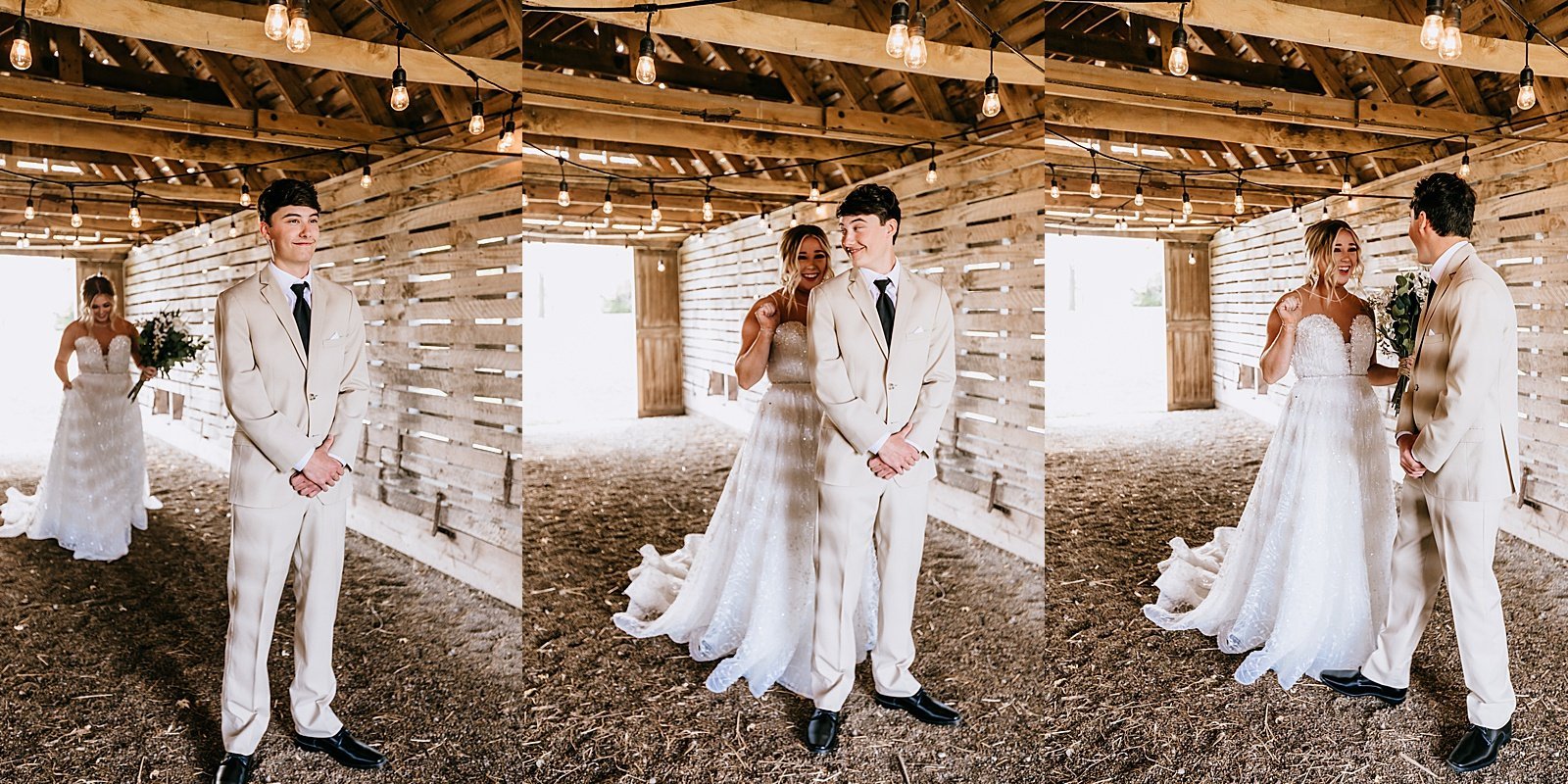  Bride and groom sharing a first look in a barn at their Minnesota wedding 