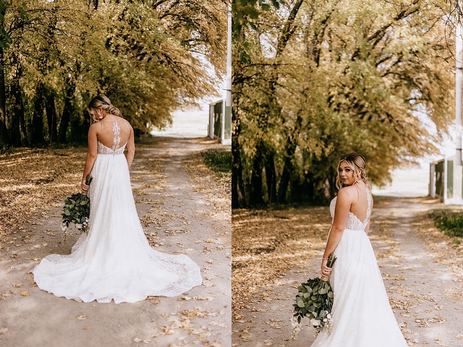  Bride posing under Fall colors outside for Minnesota wedding 