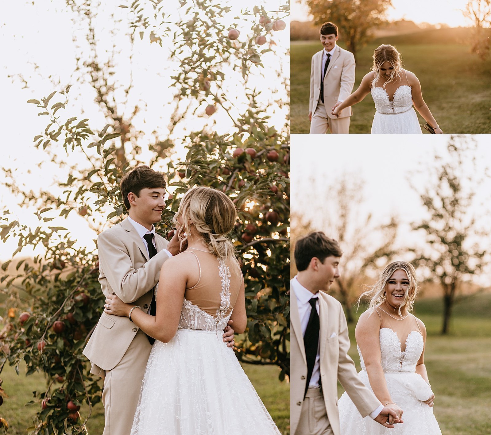  Bride and groom walking in a field in Minnesota during golden hour 