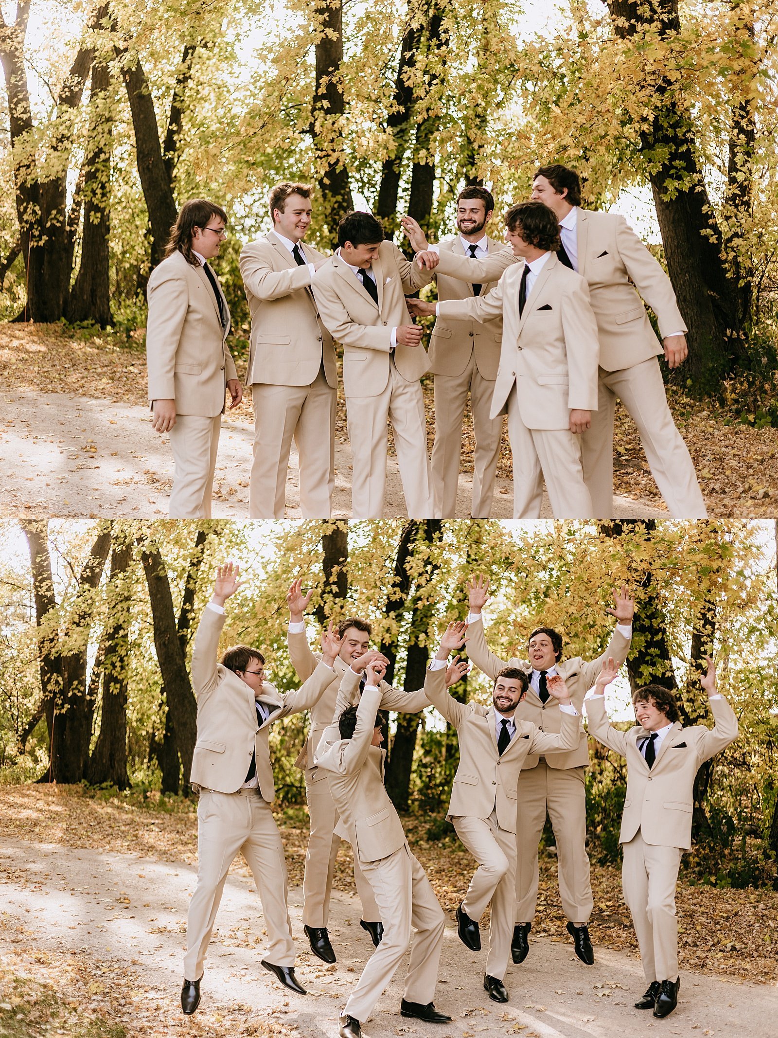  Groomsmen in tan suits celebrating with the groom  outdoors 