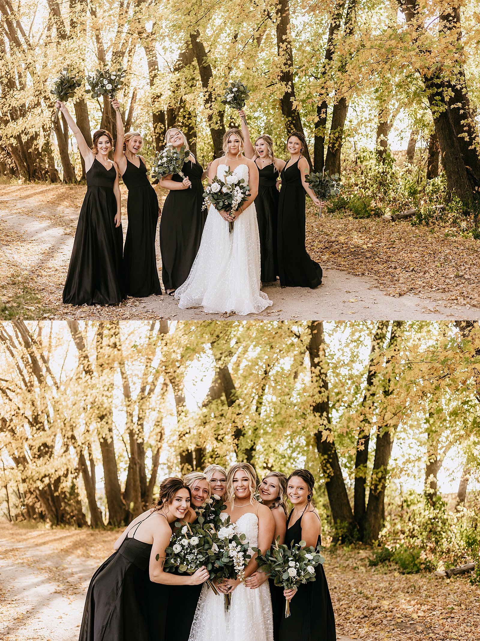  Bride and her bridesmaids in all black dresses in Fall foliage in Minneapolis  