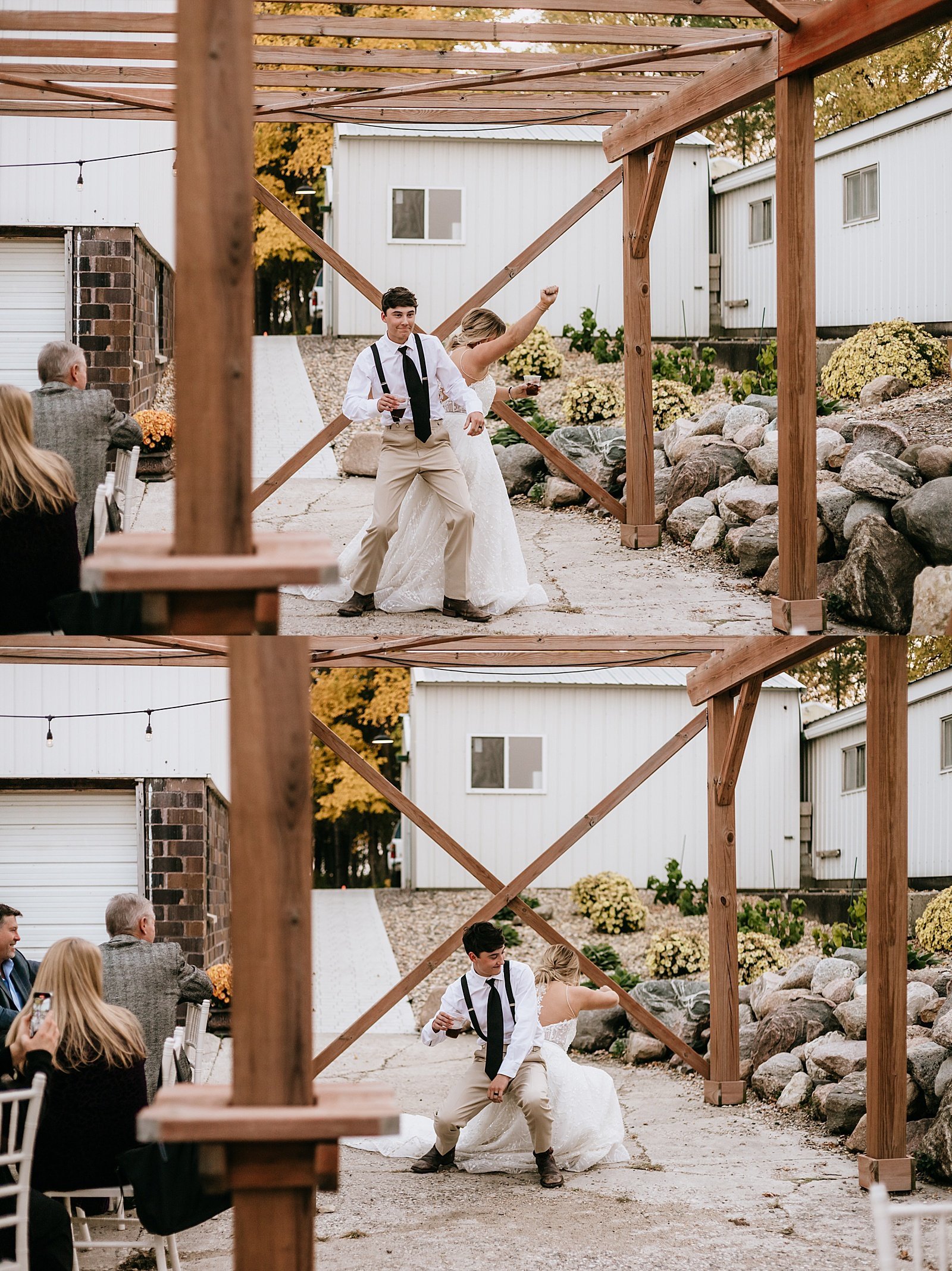  Newlyweds entering their outdoor reception while dancing at The Cottage Farmhouse 