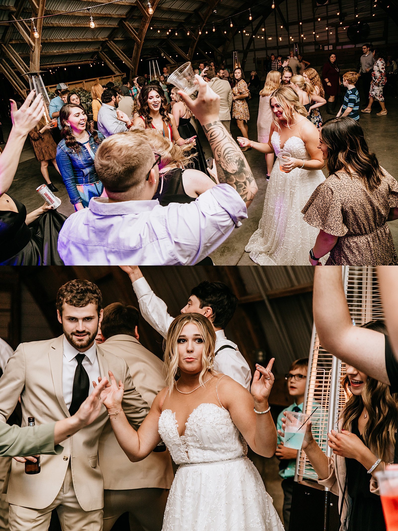  Bride and groom dancing on the dance floor with their guests at their The Cottage Farmhouse wedding 