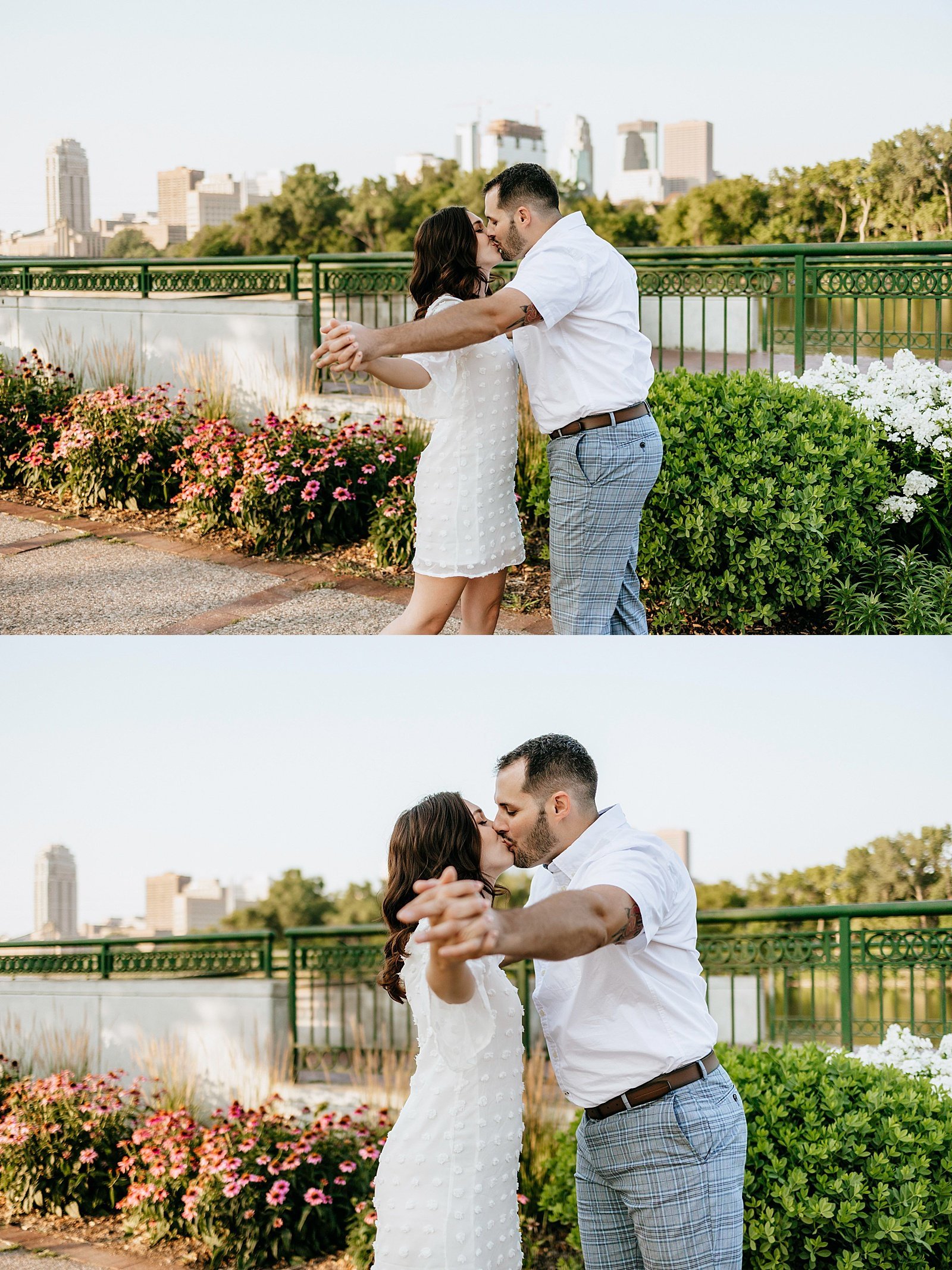  Engaged couple kissing and holding hands for portraits by Minneapolis Wedding Photographer, McKenzie Berquam.  