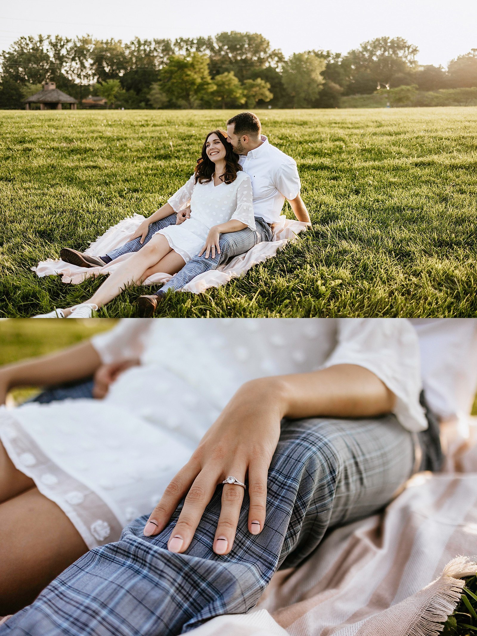  Woman lies her ringed finger on her fiancé’s knee during their sunrise engagement session in Minnesota.  