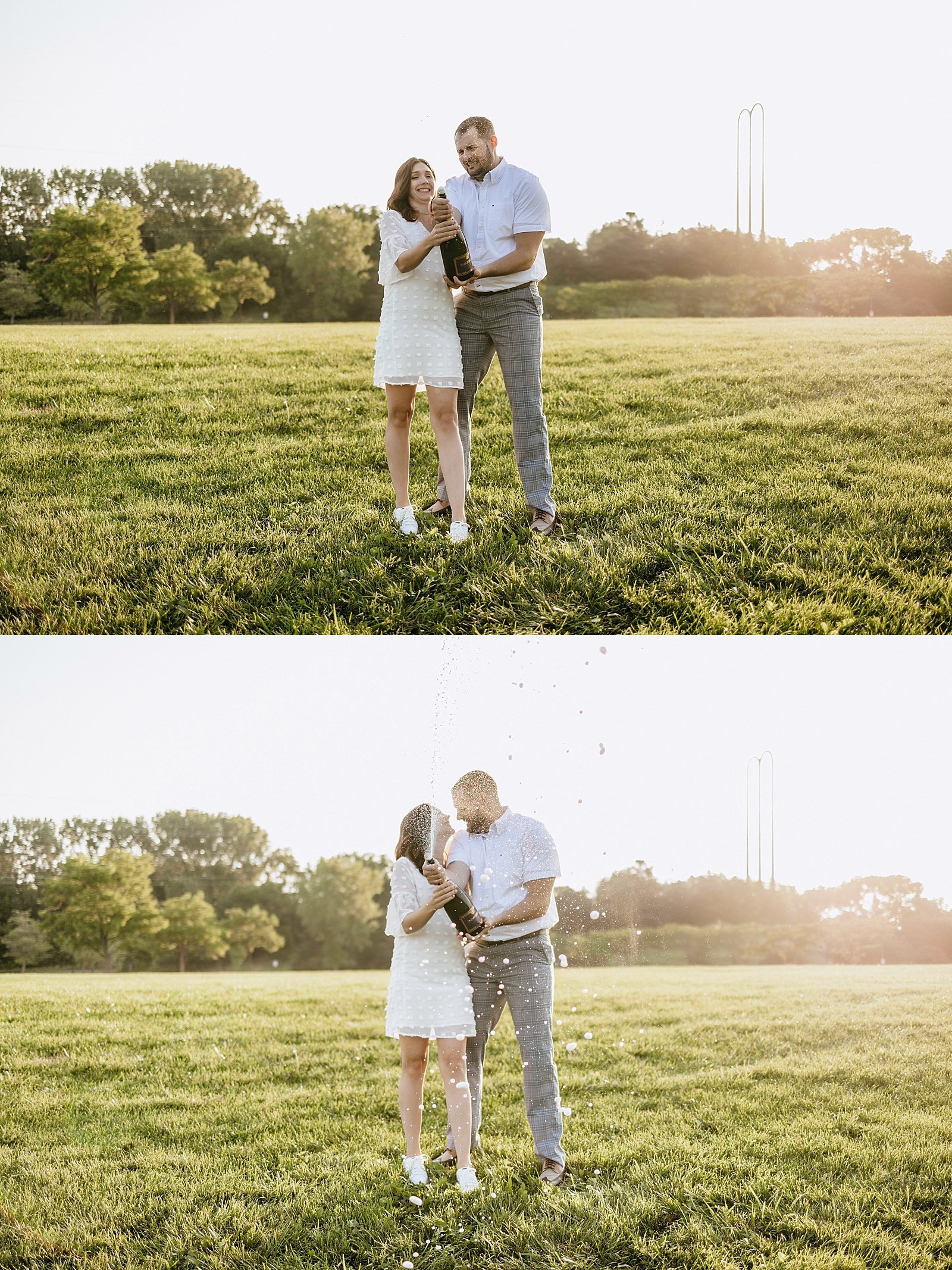  Couple popping champagne for their sunrise engagement session with Minneapolis wedding photographer, McKenzie Berquam.  