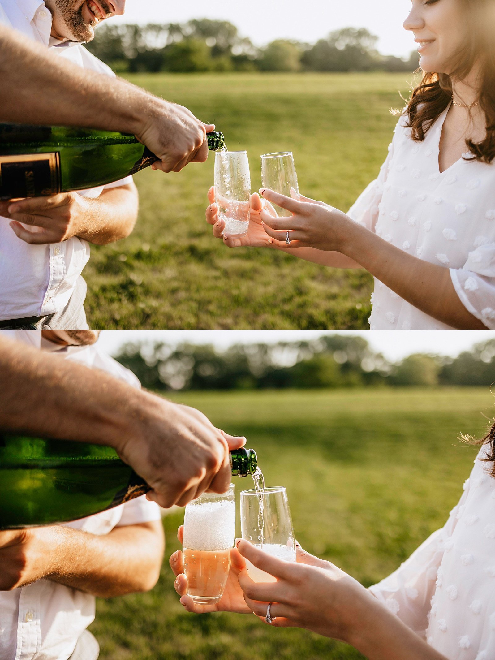  Man pouring champagne into glasses a woman is holding in a field in Minnesota.  