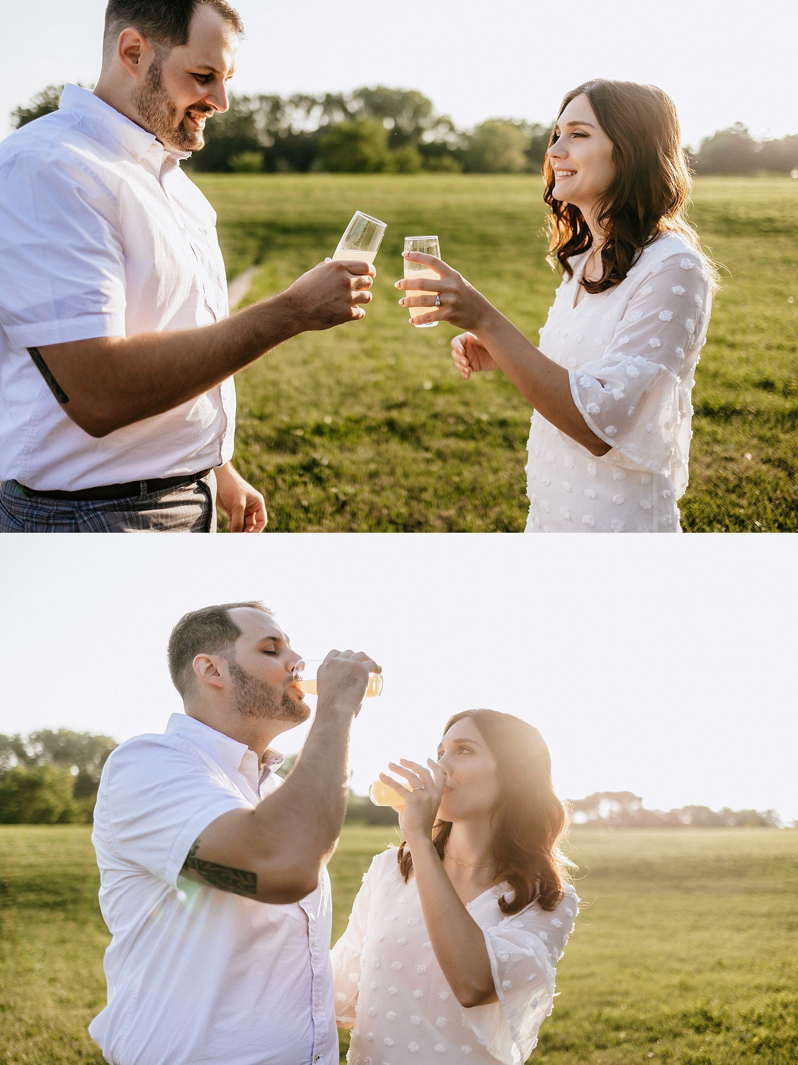  Couple toasting with glasses at their engagement session at Boom Island Park in Minneapolis.  