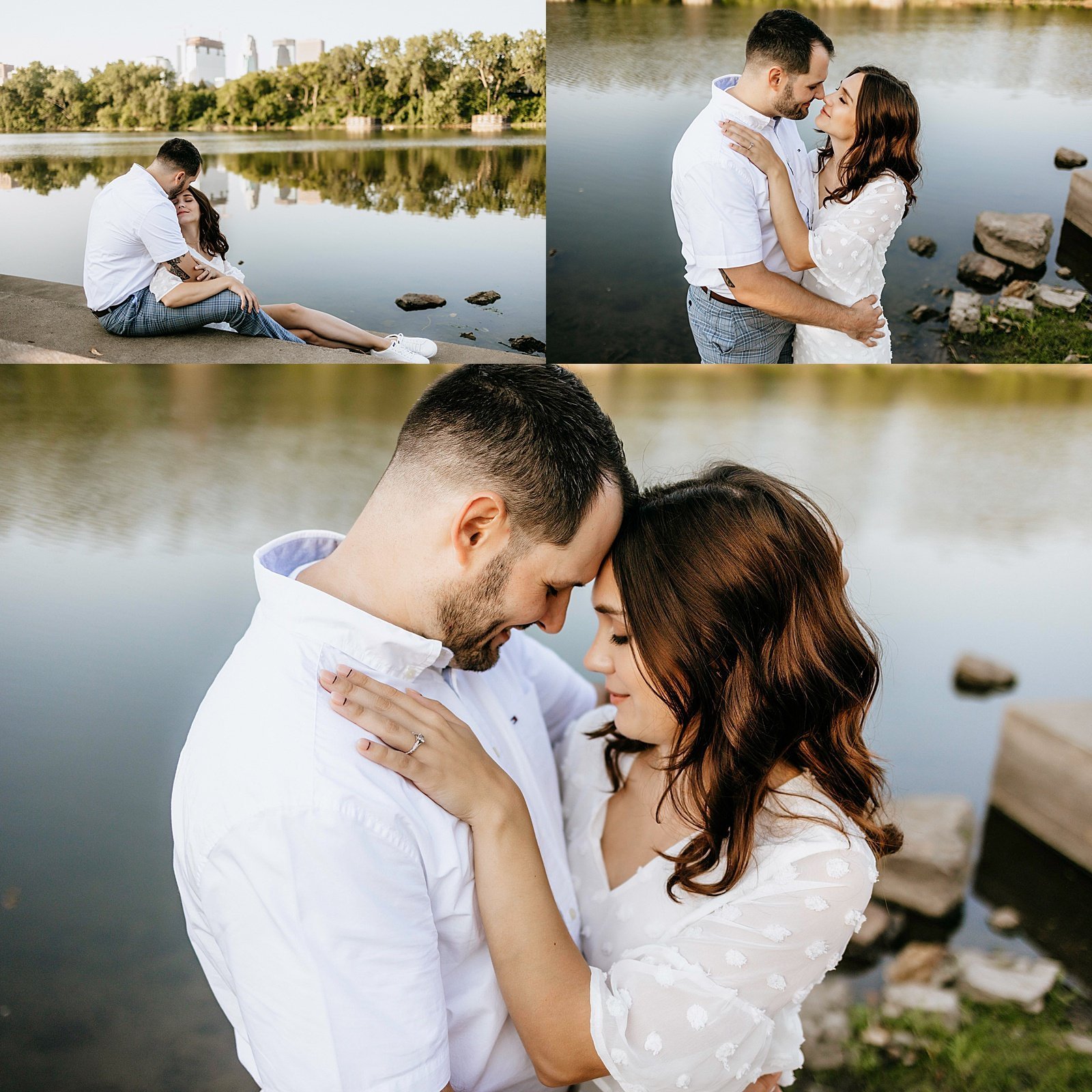  Engaged couple embracing in front of a pond for their session at Boom Island Park.  