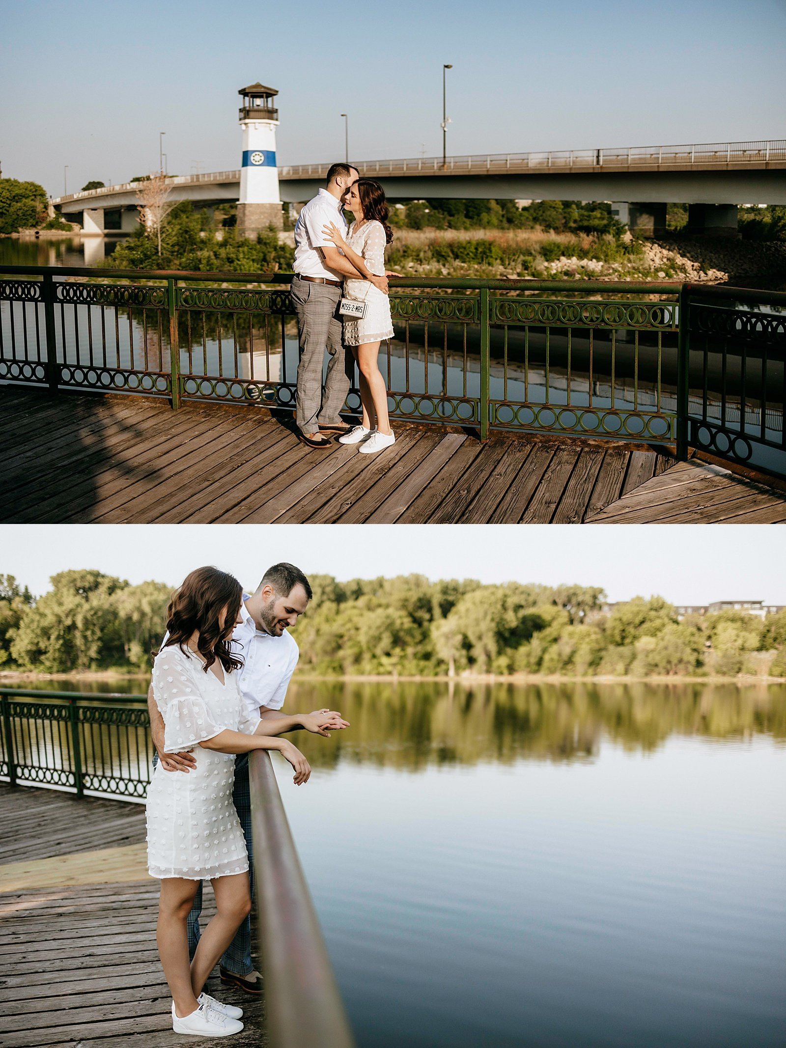  Man and woman leaning over a railing looking over water for Minnesota photo shoot.  