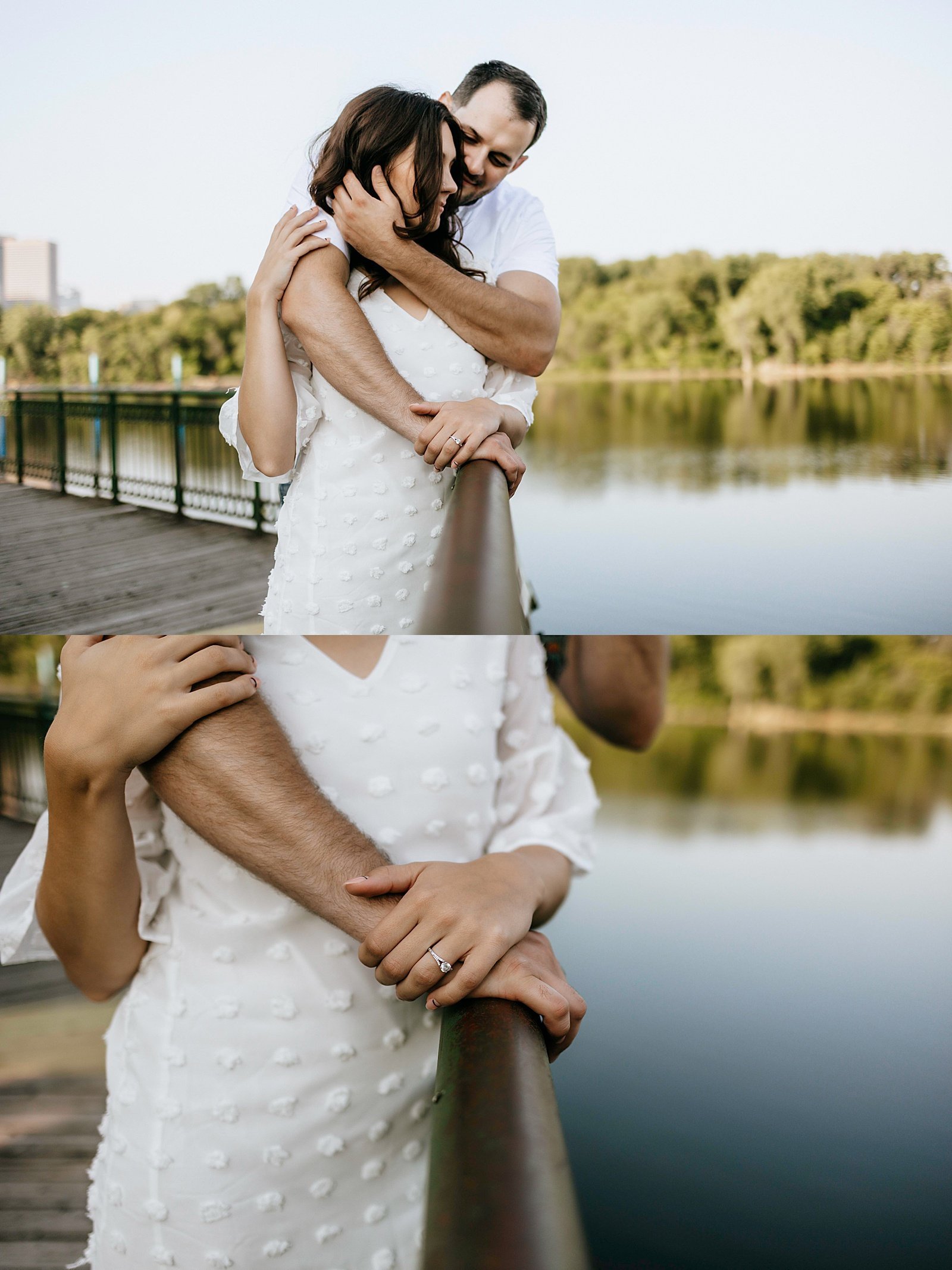  Man and woman all wrapped up in an embrace at sunrise for a photo shoot. 