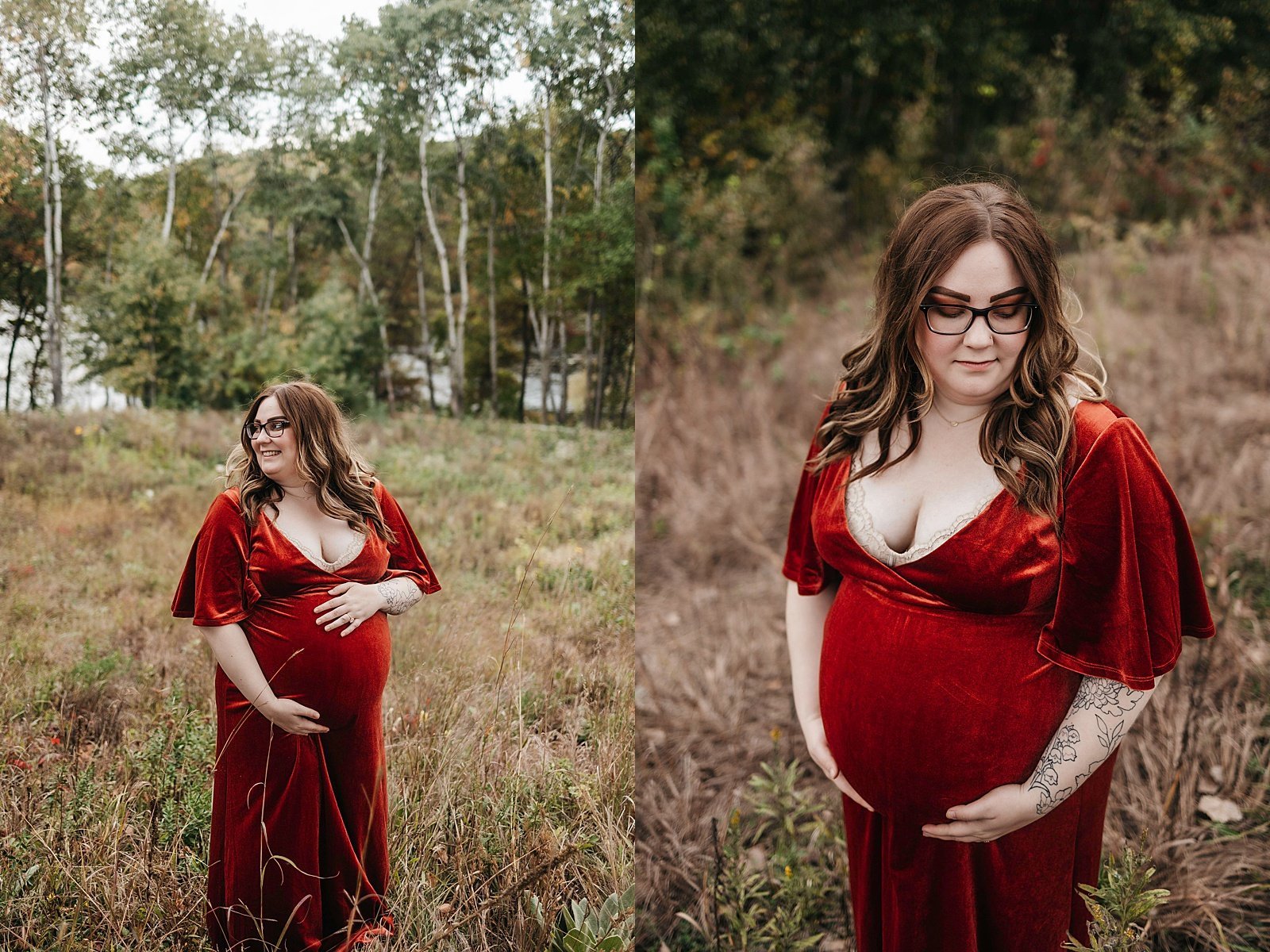  Pregnant woman in red dress for a shoot in Lebanon Hills Park in Minneapolis. 
