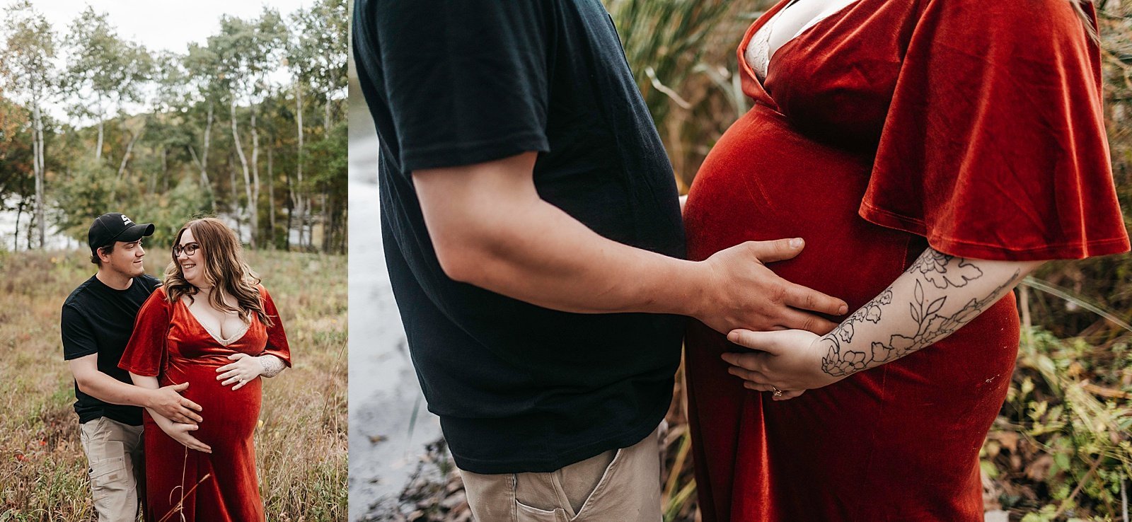  Pregnant woman in red dress with her husband at a park in Minnesota for a photo shoot. 