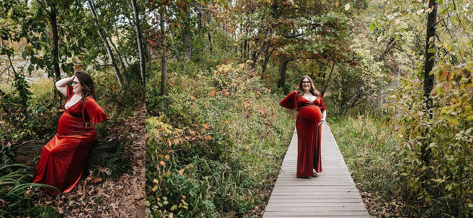  Pregnant mother in red dress standing on a pathway in Lebanon Hills Park for a photo shoot. 