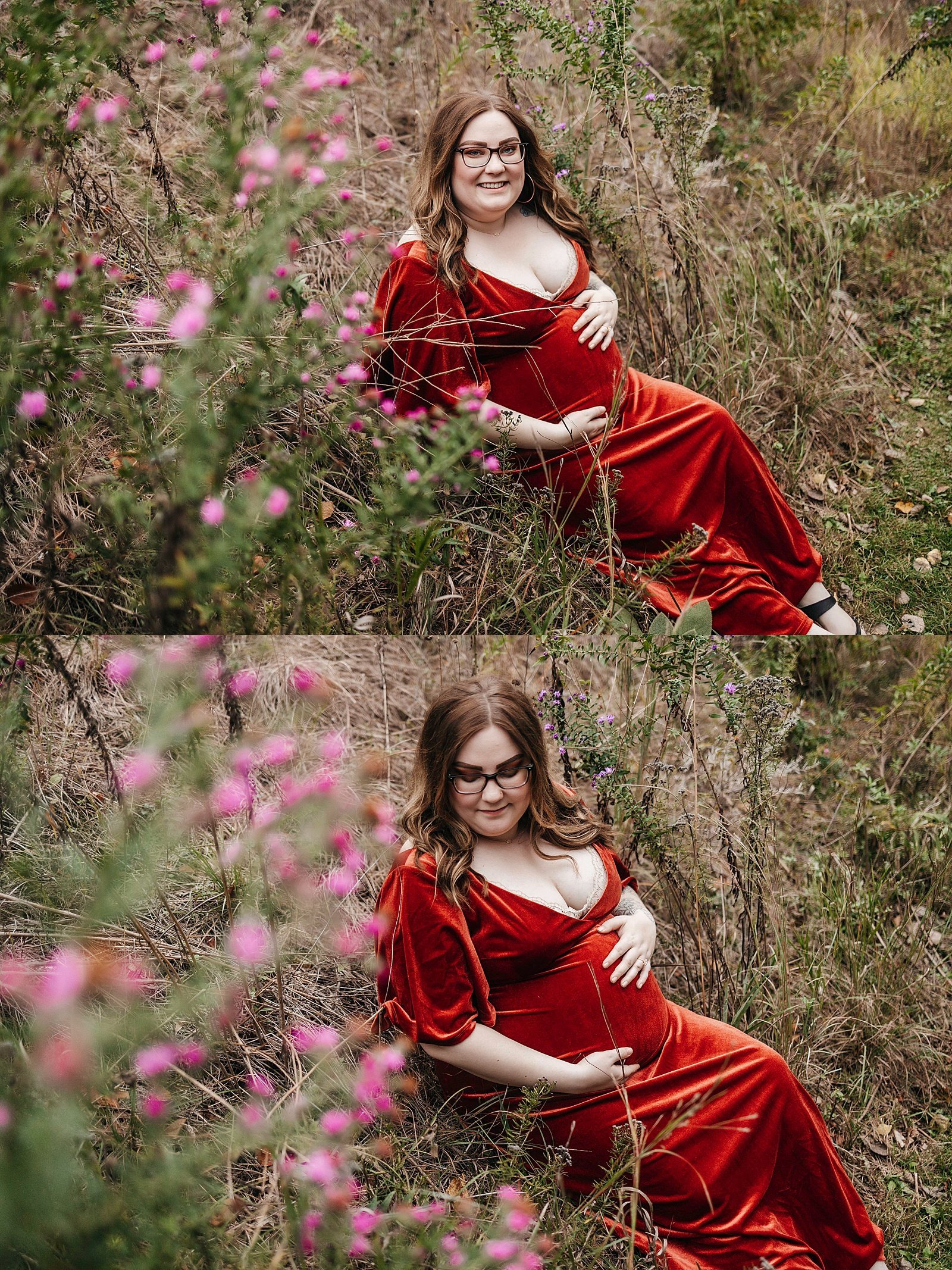  Pregnant woman sitting among flowers at a park for her maternity session in Minneapolis.  