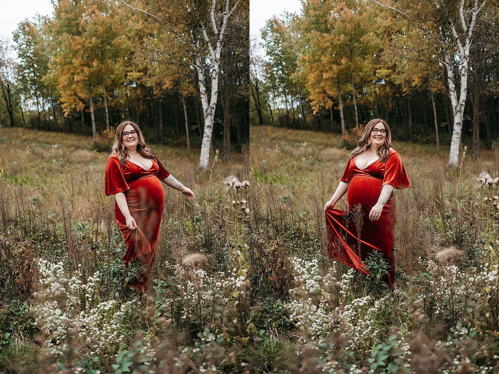  Pregnant mother dancing in a field in a red velvet dress in Minnesota.  
