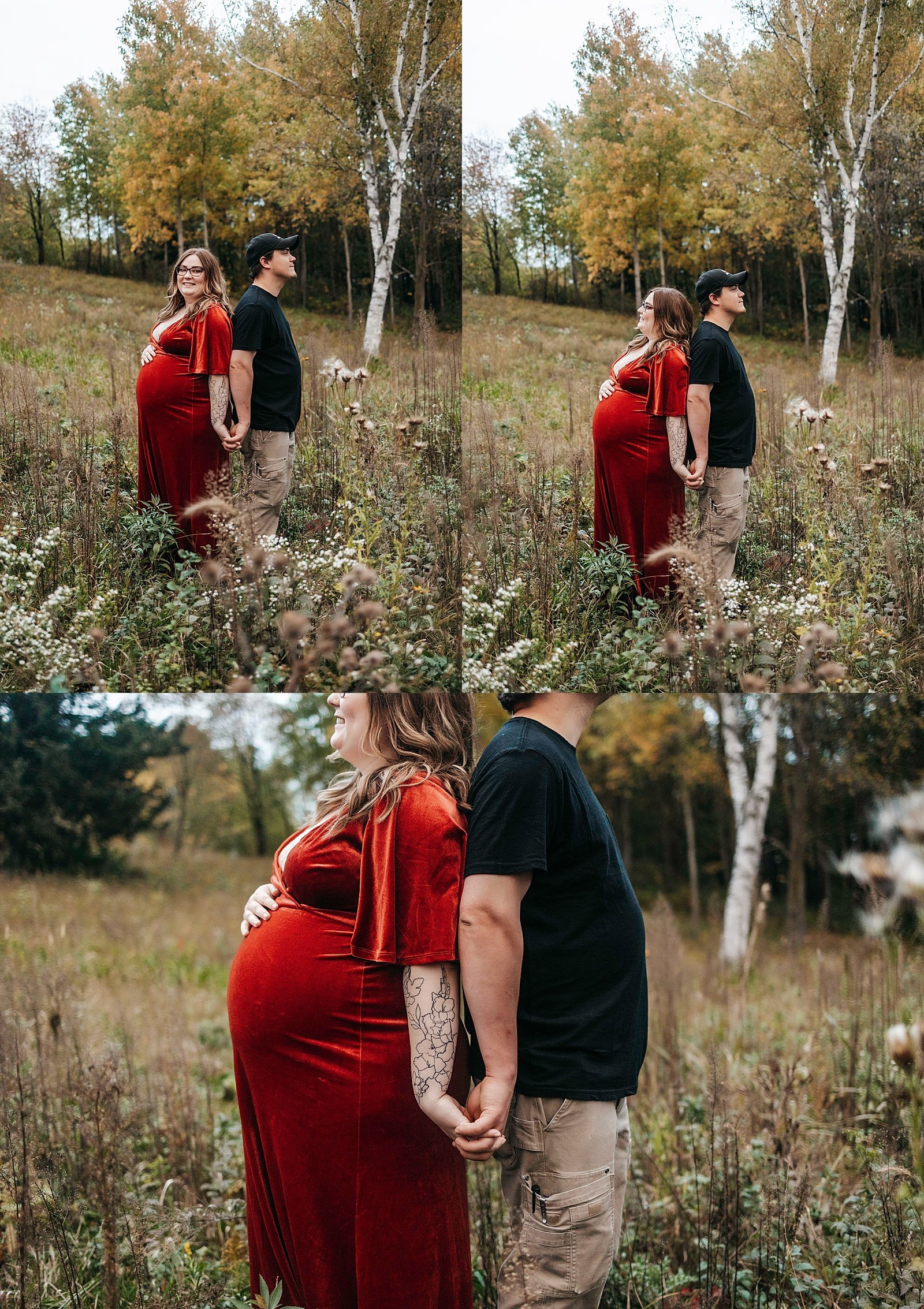  Husband and wife standing back to back in a field in Lebanon Hills Park. 