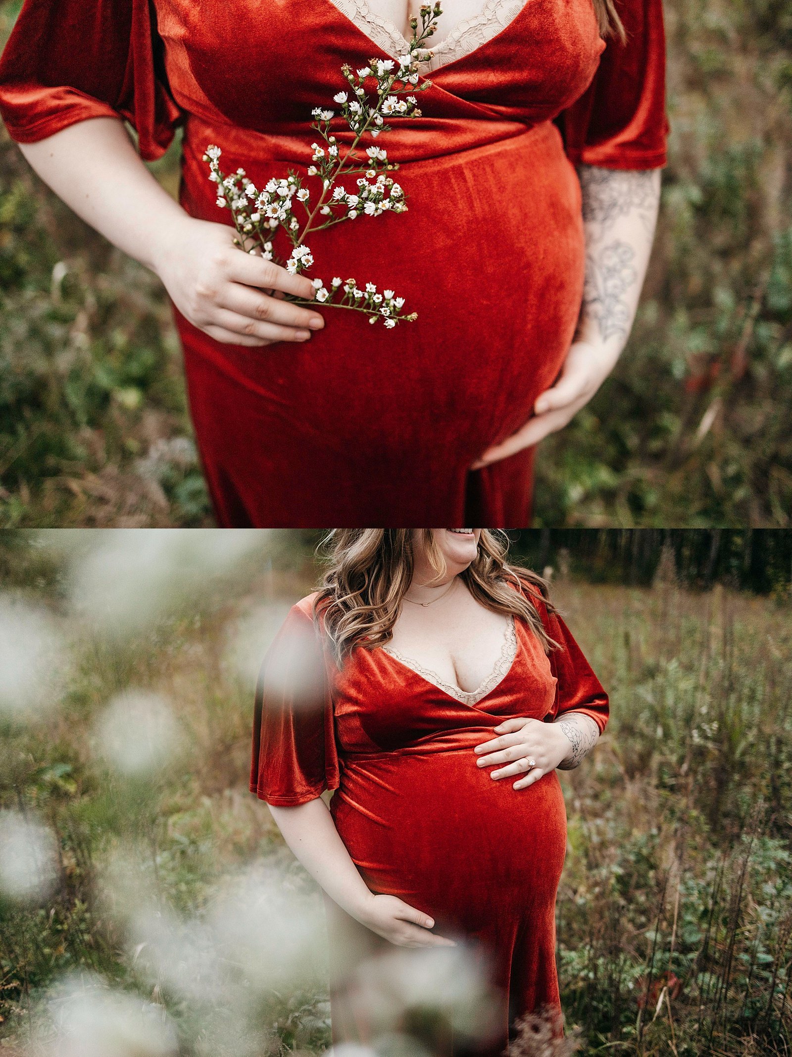  Pregnant woman in a red velvet dress holding her belly with white flowers in her hand. 