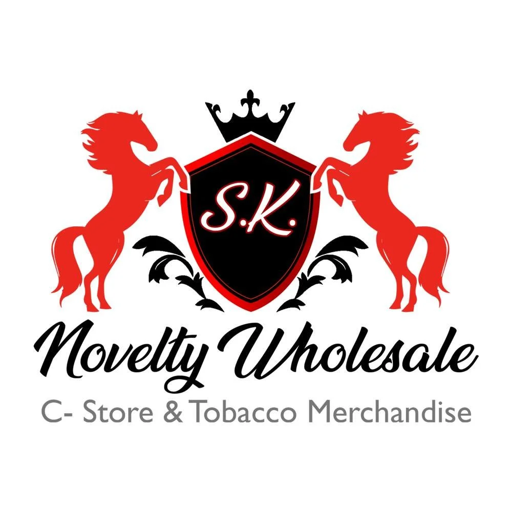 Logo for Novelty Wholesale featuring two red horses, a shield with 'S.K.' and a crown above, and the text 'Novelty Wholesale' with smaller text 'C- Store & Tobacco Merchandise'.