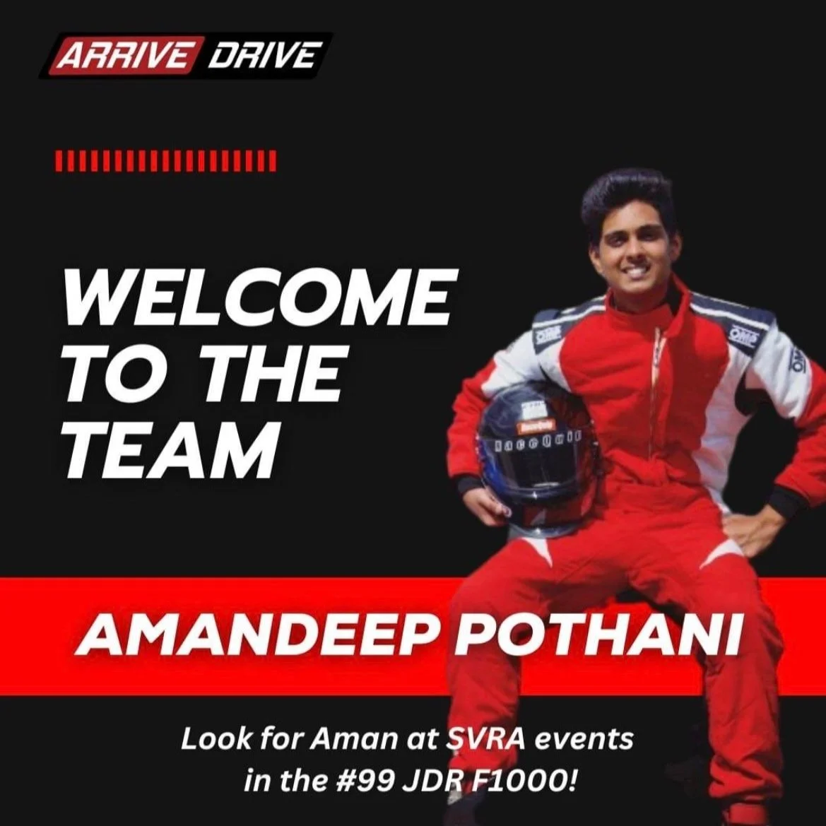 A promotional graphic welcoming Amandeep Pothani to a racing team, featuring a person in a red and white racing suit holding a helmet, with text announcing the team and event details.