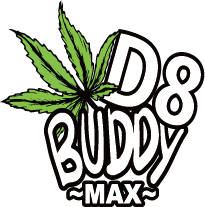 Cartoon illustration of a cannabis leaf with the text 'D8 Buddy MAX'