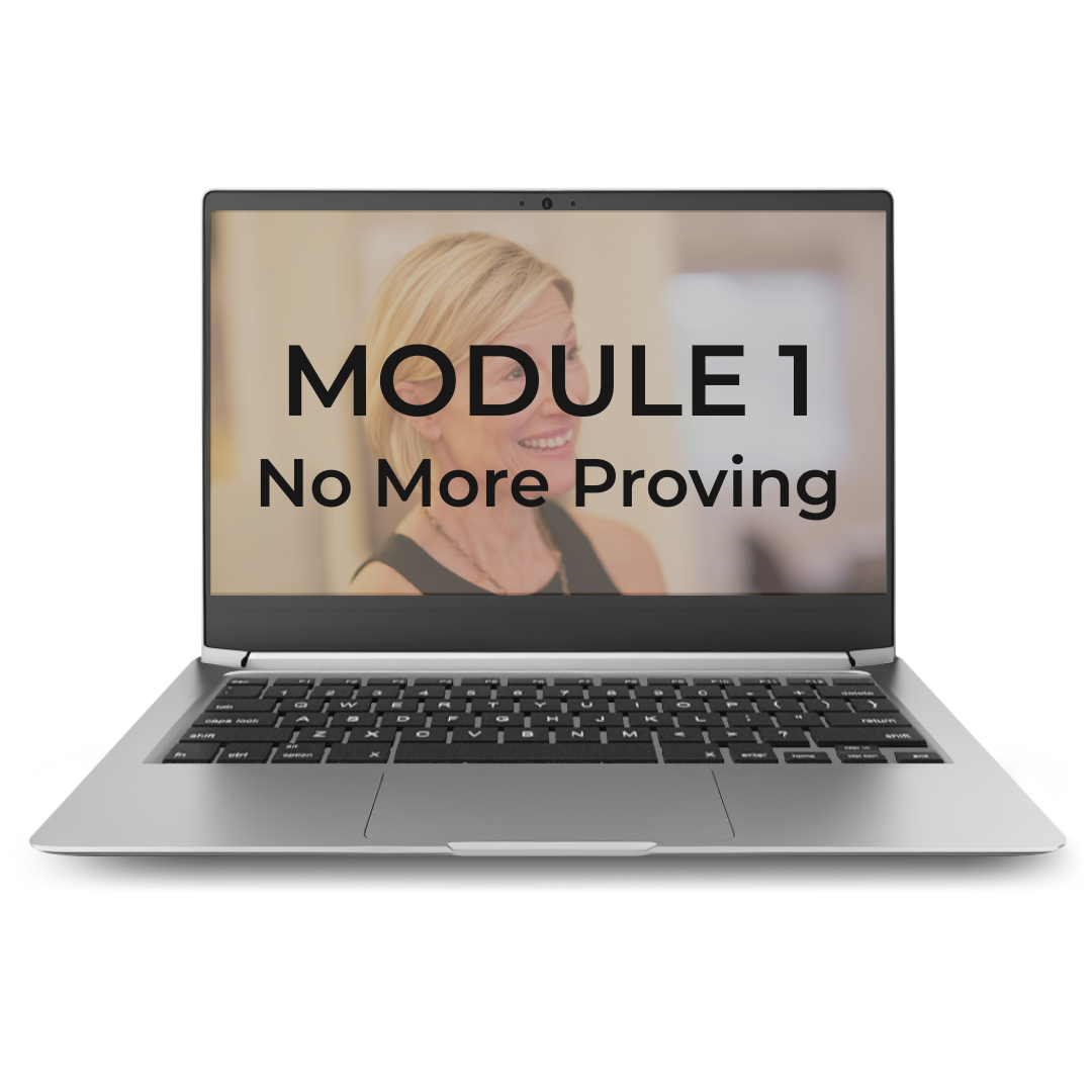 Laptop displaying a woman with short blonde hair and glasses on a course titled 'MODULE 1 No More Proving'.