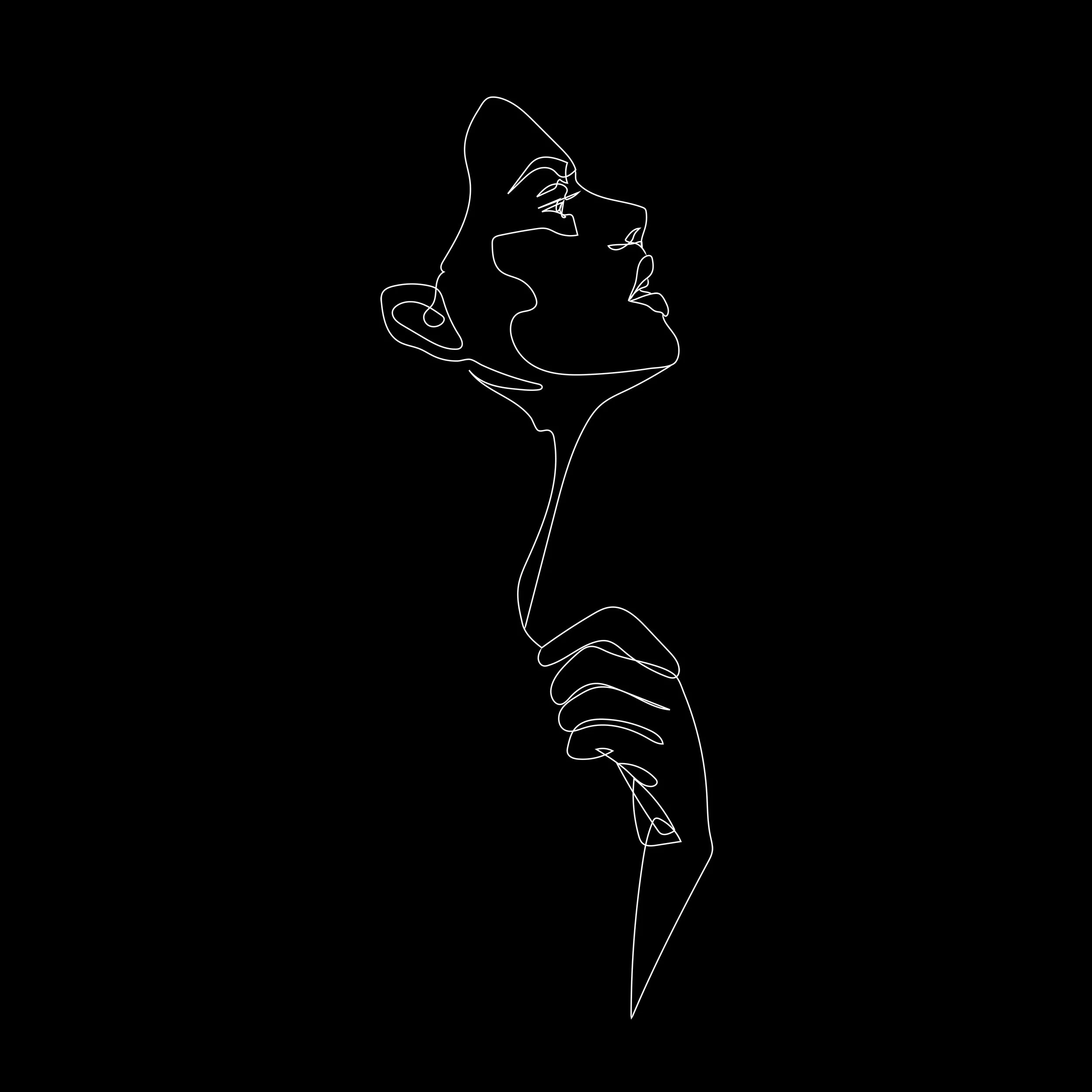 Minimalist line art of a person's face in profile, shaded with a white continuous line on a black background.