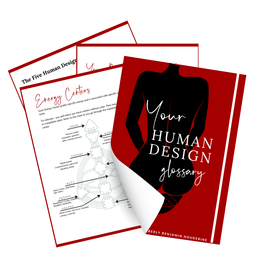 Cover of a book titled 'Your Human Design Glossary' with a black silhouette of a woman on a red background. Inside pages show diagrams and text related to energy centers and human design concepts.