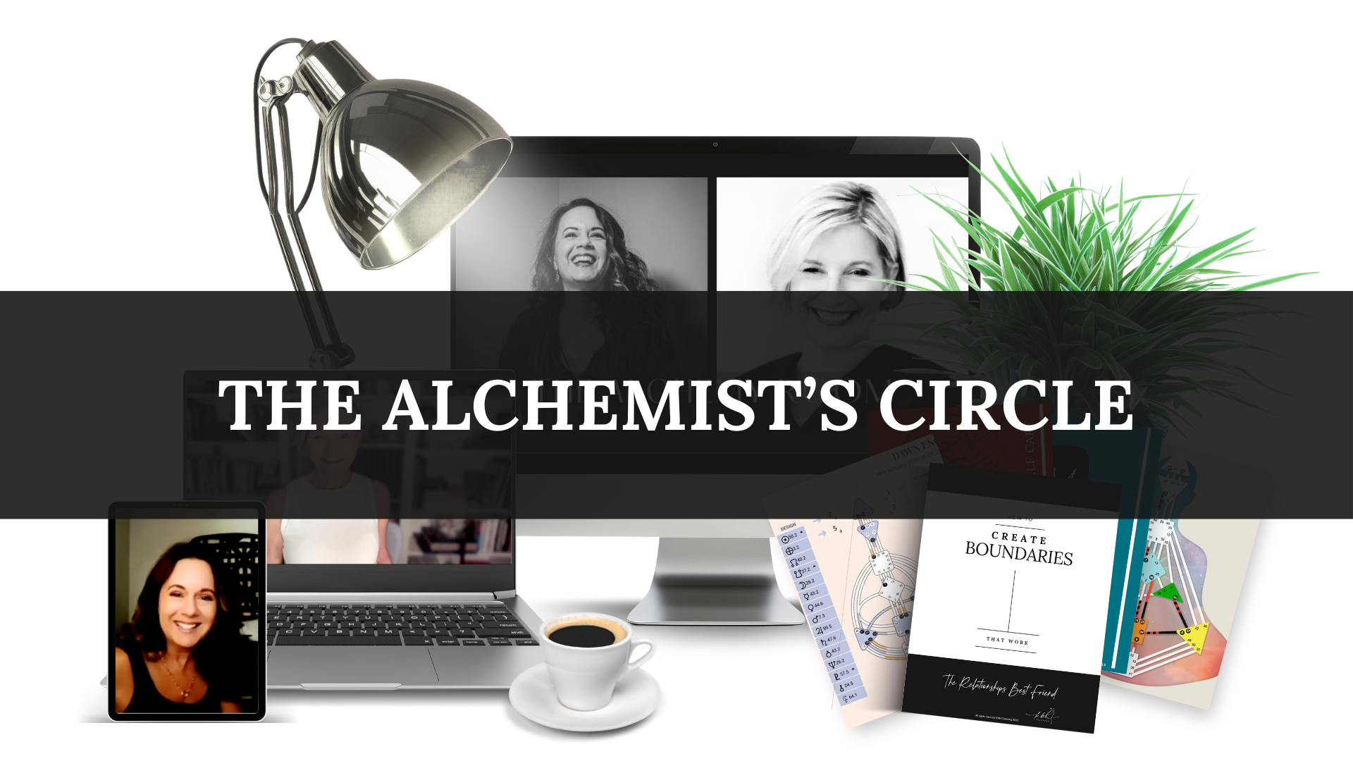 A digital workspace with a computer monitor and laptop showing smiling women in a video call, a smartphone with a woman's face, a cup of coffee, books, a potted plant, and scientific notes, with the text "The Alchemist's Circle" overlayed.
