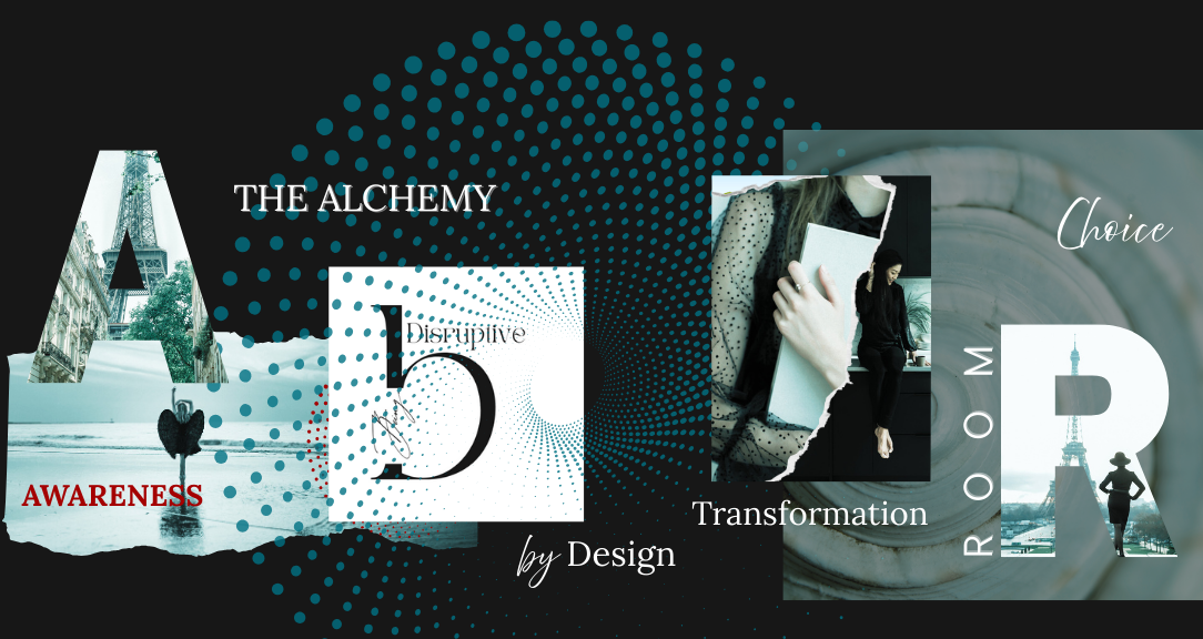 Collage of images with text overlay about awareness, transformation, and design, including a Eiffel Tower photo, a person holding a notebook, and artistic graphic elements.