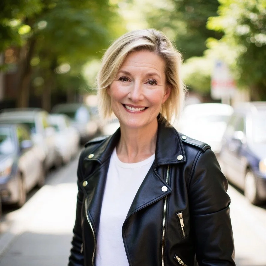 A smiling middle-aged woman with blonde hair in a casual black leather jacket and white shirt standing on a tree-lined street with parked cars.